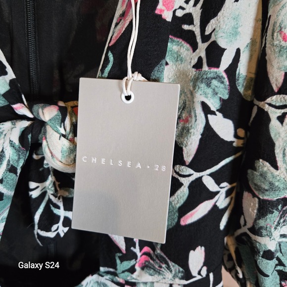 CHELSEA 28 Floral Puff Sleeve Tie Front Maxi Dress Black Pink Green XS - Picture 4 of 8